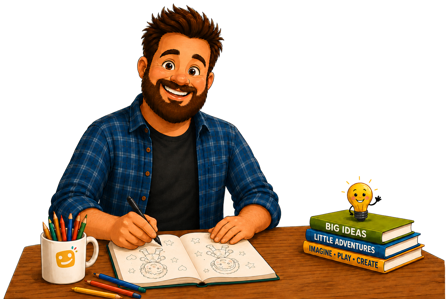 Steven Zaney drawing in a sketchbook at his desk