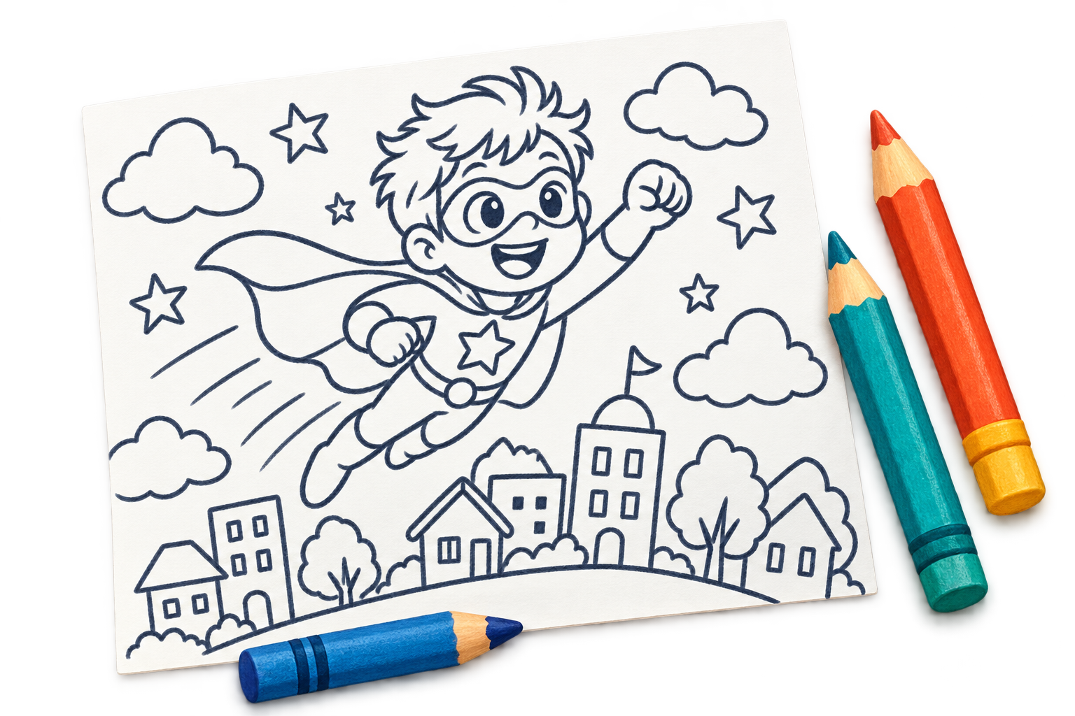Superhero colouring sheet with colourful pencils